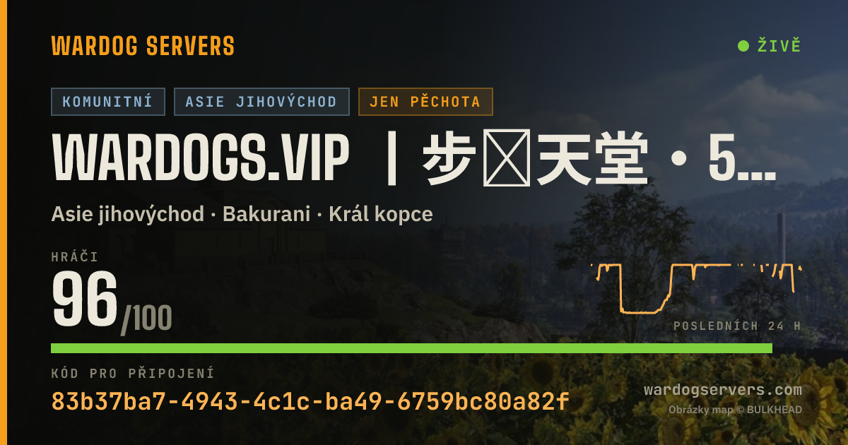 Živý stavový banner serveru WARDOGS.VIP 丨步战天堂・50V50・No Out‑Zone Kill・No Cross‑Team・KD Stats