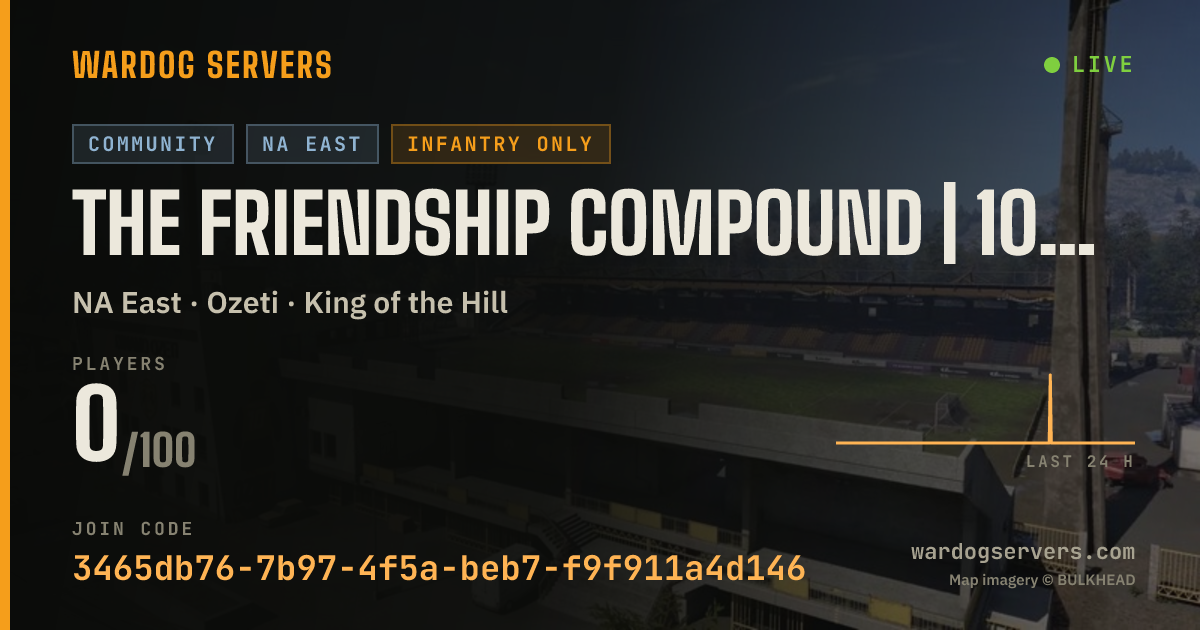 Live status banner for The Friendship Compound | 100 Ping Max | Infantry Only