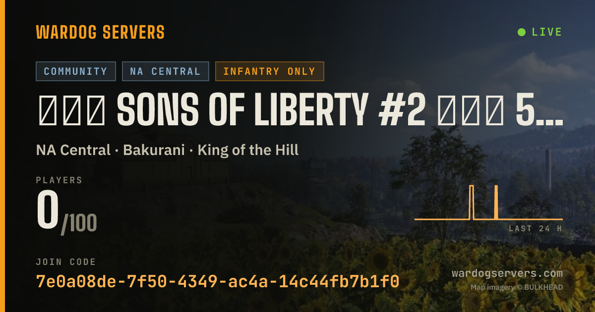 Live status banner for ▂▅▇ SONS OF LIBERTY #2 ▇▅▂ 50V50 ★ Infantry ★ SONS.GG