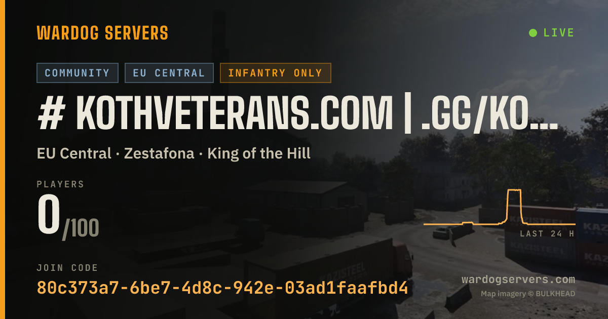 Live status banner for # KOTHVeterans.com | .gg/kothveterans | EU1 | Infantry Only