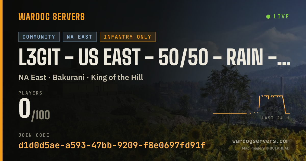 Live status banner for L3git - US EAST - 50/50 - Rain - Infantry - Rconhub.gg