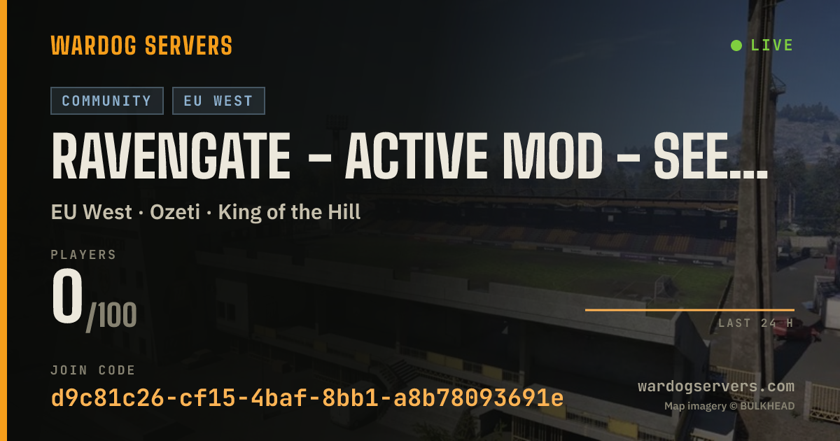 Live status banner for RAVENGATE - active Mod - Seeding NOW - discord.gg/GZgnJKsD4n