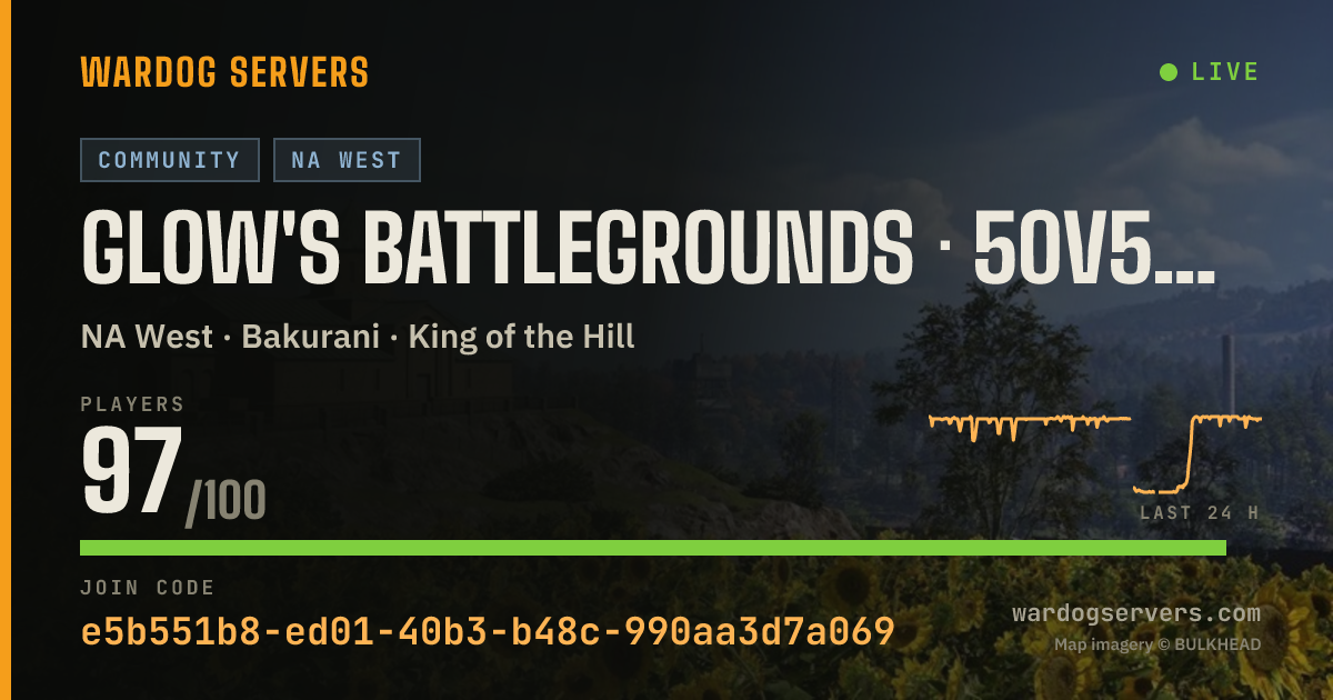 Live status banner for Glow's Battlegrounds · 50v50 · US WEST LAX · discord.gg/glows
