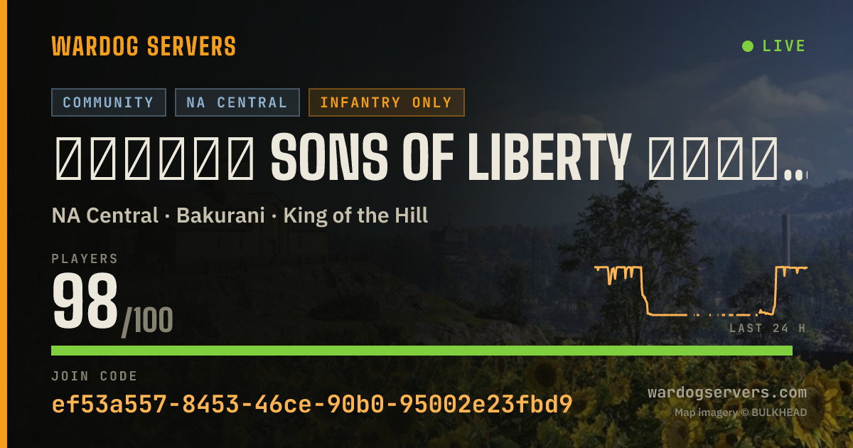 Live status banner for ▁▂▃▅▆▇ SONS OF LIBERTY ▇▆▅▃▂▁ 50v50 Infantry Auto200+PingKick