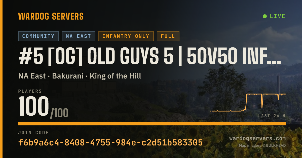Live status banner for #5 [OG] Old Guys 5 | 50v50 Infantry | NO GL | Boosted XP & Cash