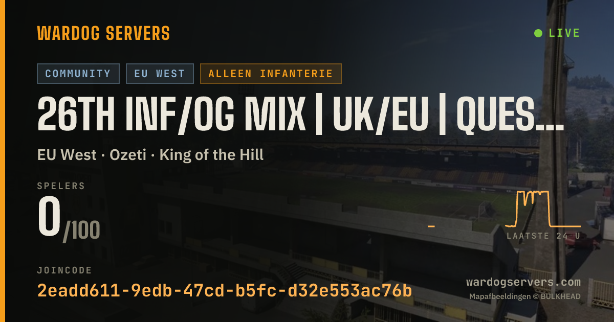 Live statusbanner voor 26TH INF/OG MIX | UK/EU | QUESTS | DISCORD.GG/26THBG