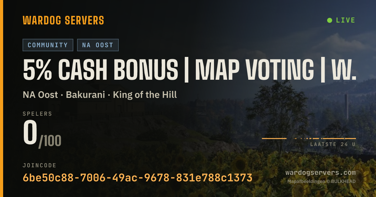 Live statusbanner voor 5% CASH BONUS | Map Voting | wardogs.systems