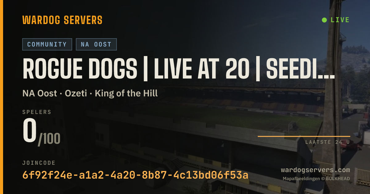 Live statusbanner voor Rogue Dogs | Live at 20 | Seeding Rewards |