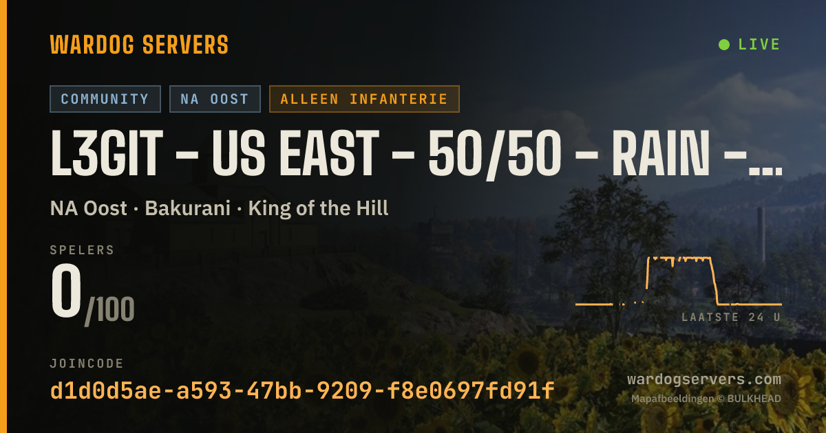 Live statusbanner voor L3git - US EAST - 50/50 - Rain - Infantry - Rconhub.gg