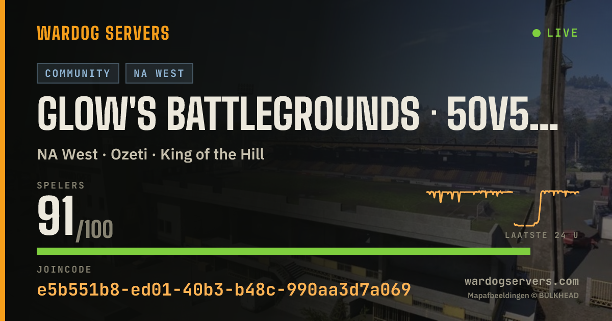 Live statusbanner voor Glow's Battlegrounds · 50v50 · US WEST LAX · discord.gg/glows