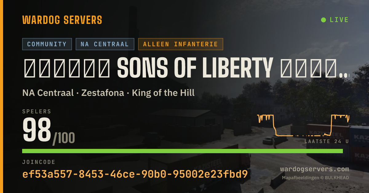 Live statusbanner voor ▁▂▃▅▆▇ SONS OF LIBERTY ▇▆▅▃▂▁ 50v50 Infantry Auto200+PingKick