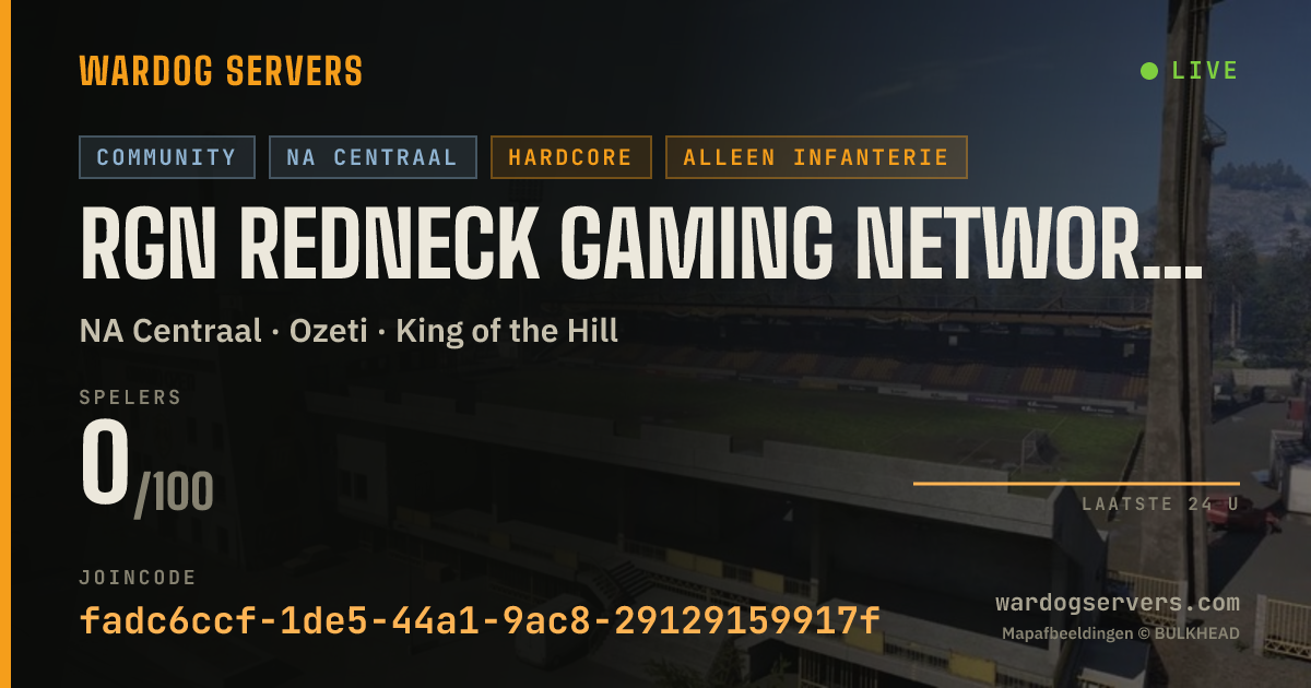 Live statusbanner voor RGN Redneck Gaming Network | Active Admins | Infantry 24/7 ALLMA