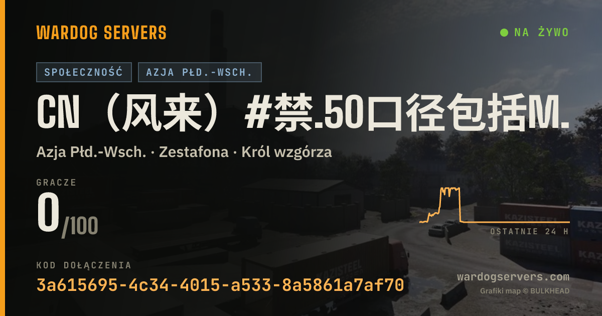 Baner ze statusem na żywo: CN（风来）#禁.50口径包括M2机枪工事 禁栓狙 L2 A2 T72 攀枝花 服务器开始20分之内不得压家 不得打架 （管理2