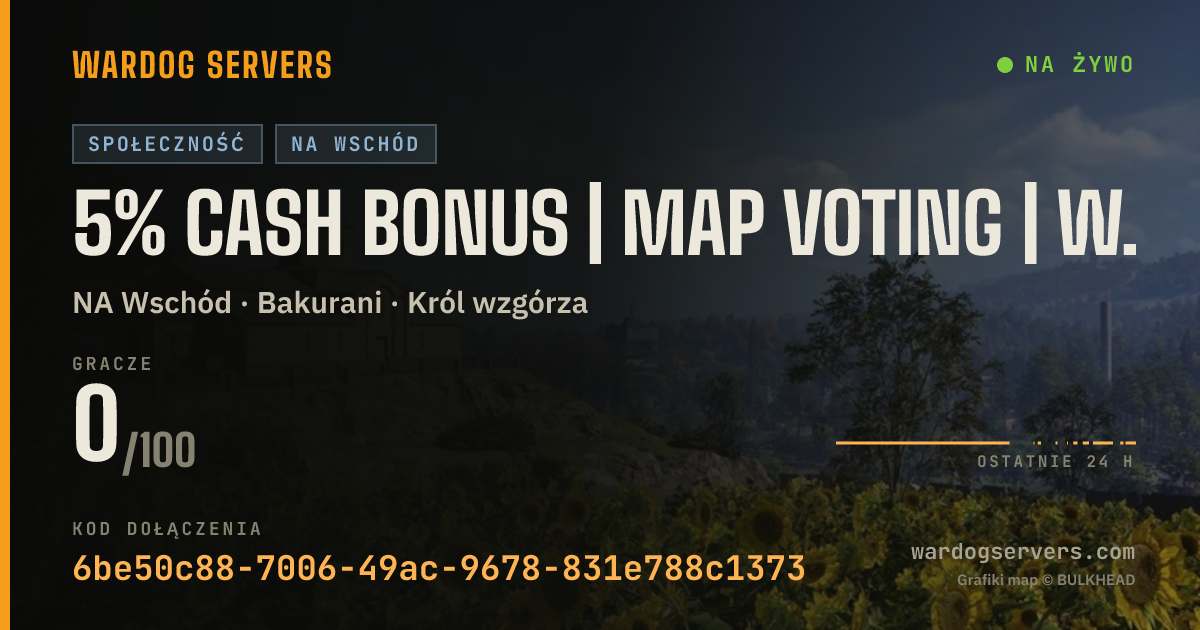 Baner ze statusem na żywo: 5% CASH BONUS | Map Voting | wardogs.systems