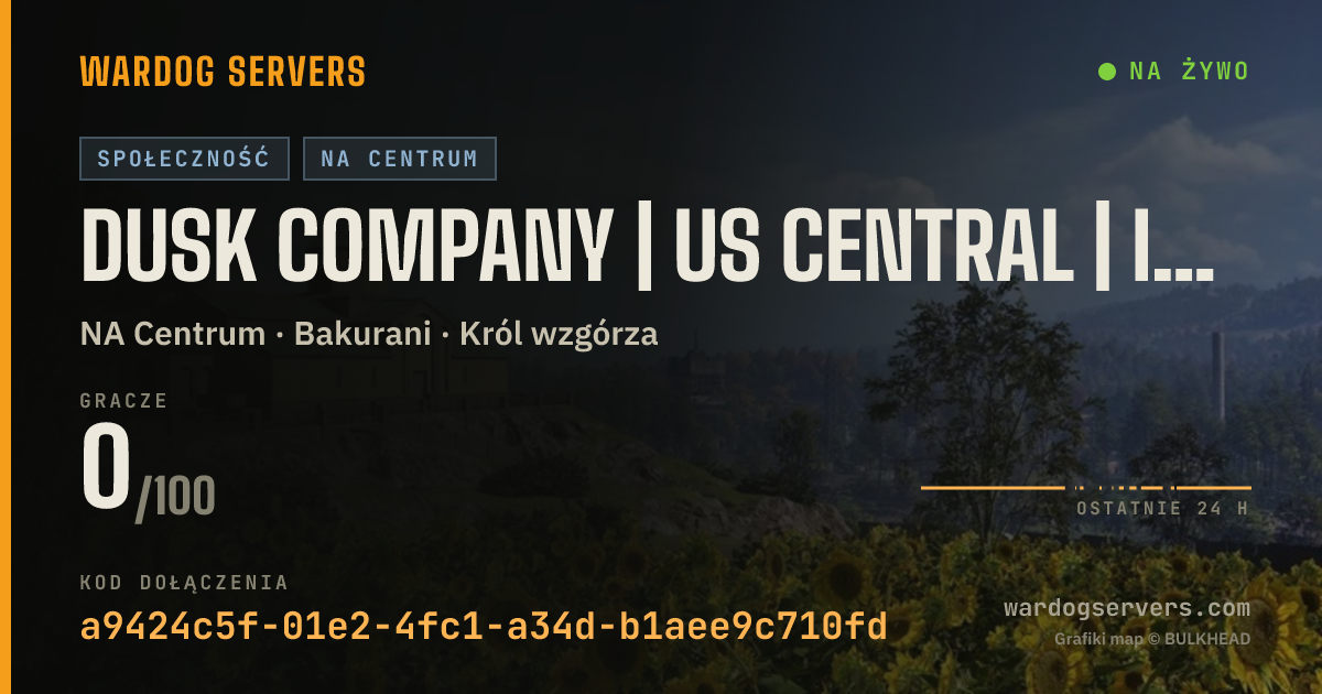 Baner ze statusem na żywo: DUSK COMPANY | US CENTRAL | INFANTRY ONLY | discord.gg/duskcompa