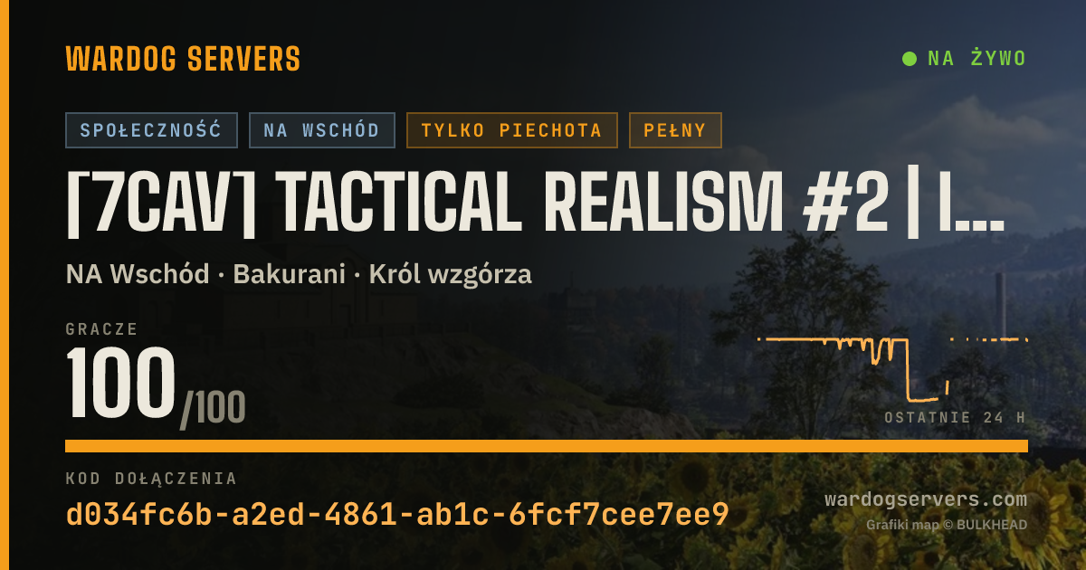 Baner ze statusem na żywo: [7CAV] Tactical Realism #2 | Infantry Only NO HELI + MGL | disco