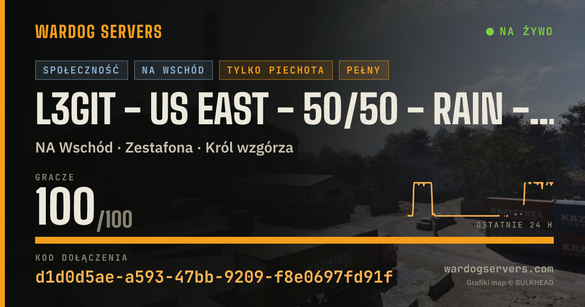 Baner ze statusem na żywo: L3git - US EAST - 50/50 - Rain - Infantry - Rconhub.gg